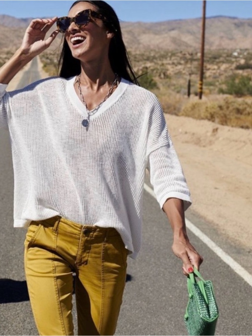 CAbi White V-Neck Open-Knit Sweater